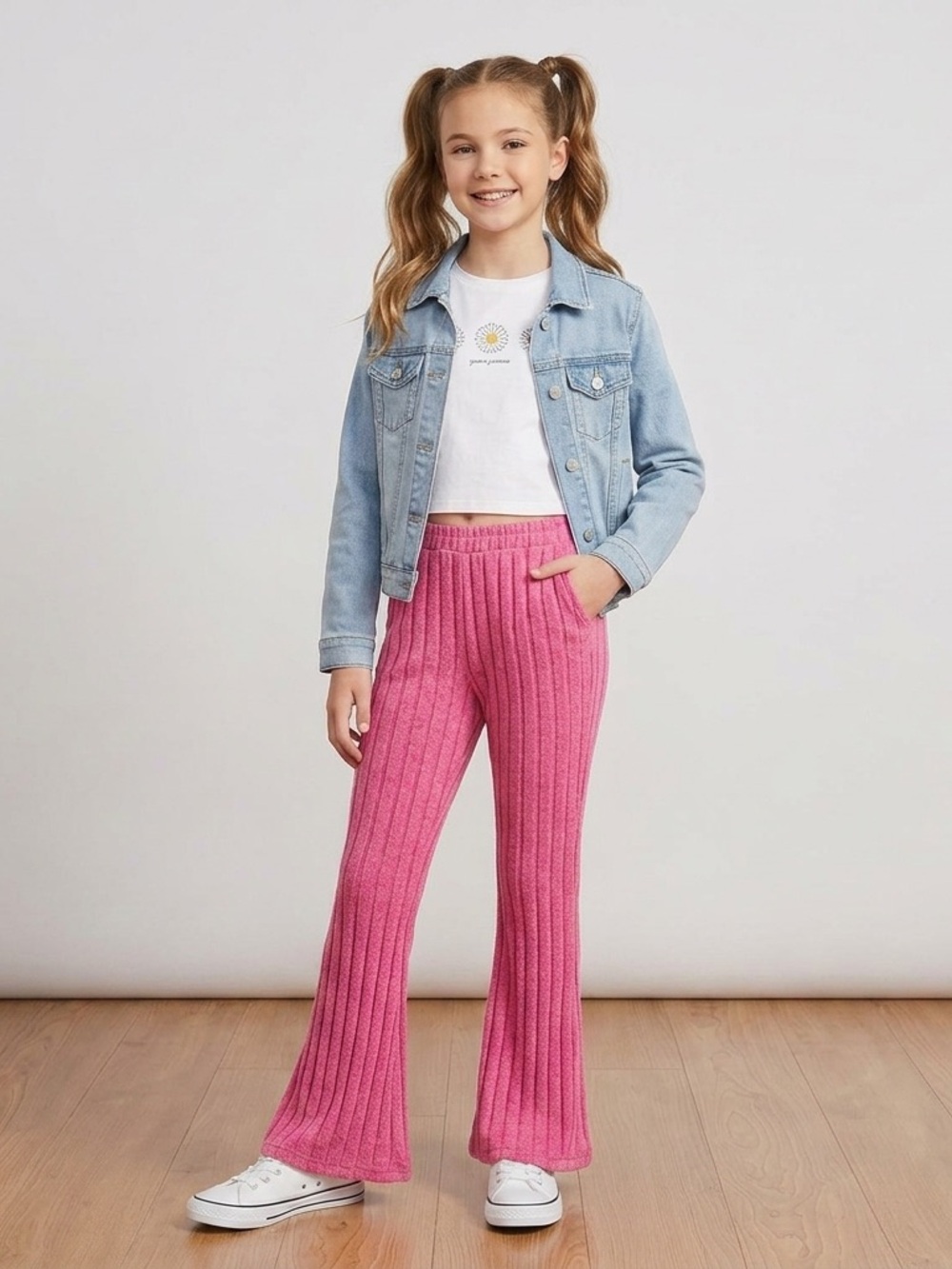 Pink Ribbed Knit Flare Pants Girls Size 7/8 (130)
